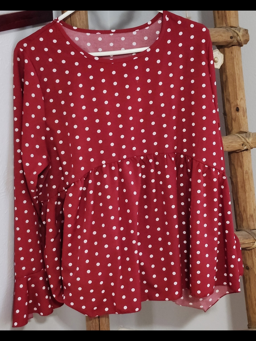 Women’s Red Polka Dot Peplum Blouse - Long Ruffle Sleeve